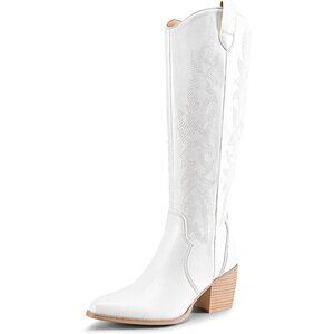 DREAM PAIRS Womens White Cowboy Boots Wide Calf Knee High Boots Ladies